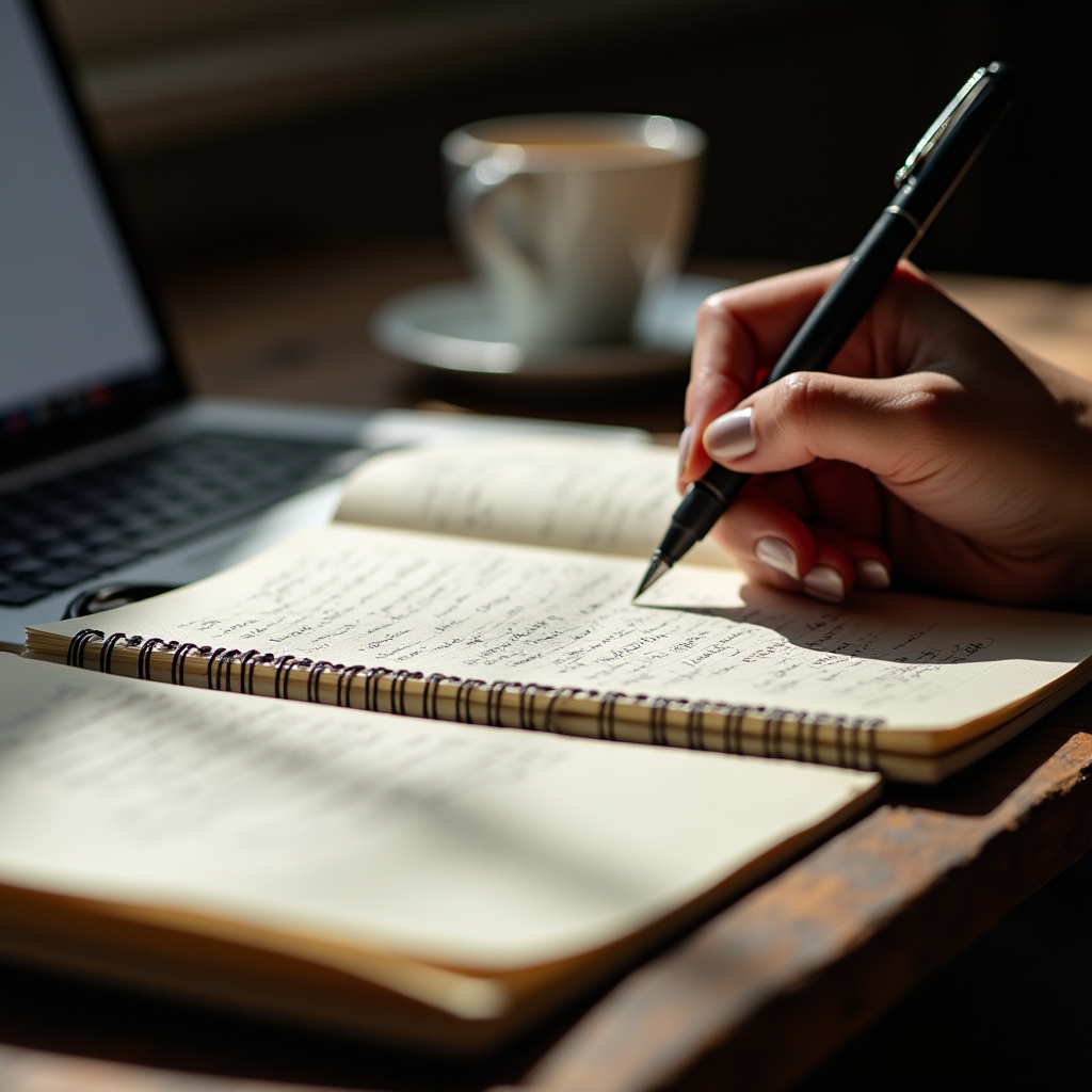 An open notebook with a structured entry beside a laptop showing a document